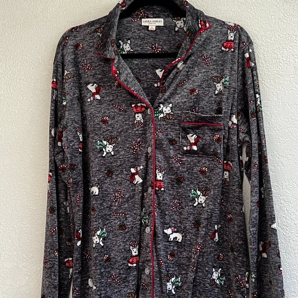 Laura Ashley Womens Size Large Christmas Dog Holiday Pajama Top‎ Grey Button Up